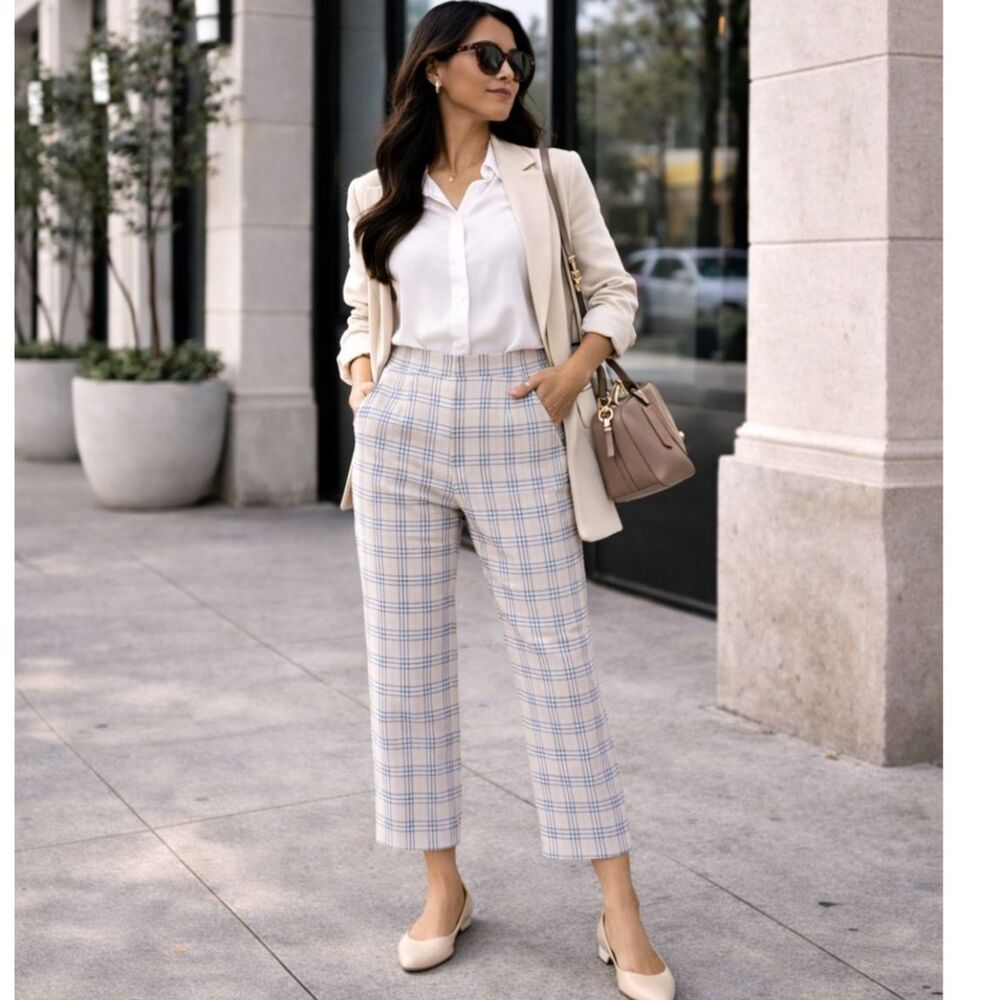Womens Dress Pants Small Plaid Beige Blue Cropped Capris Preppy Casual Slacks
